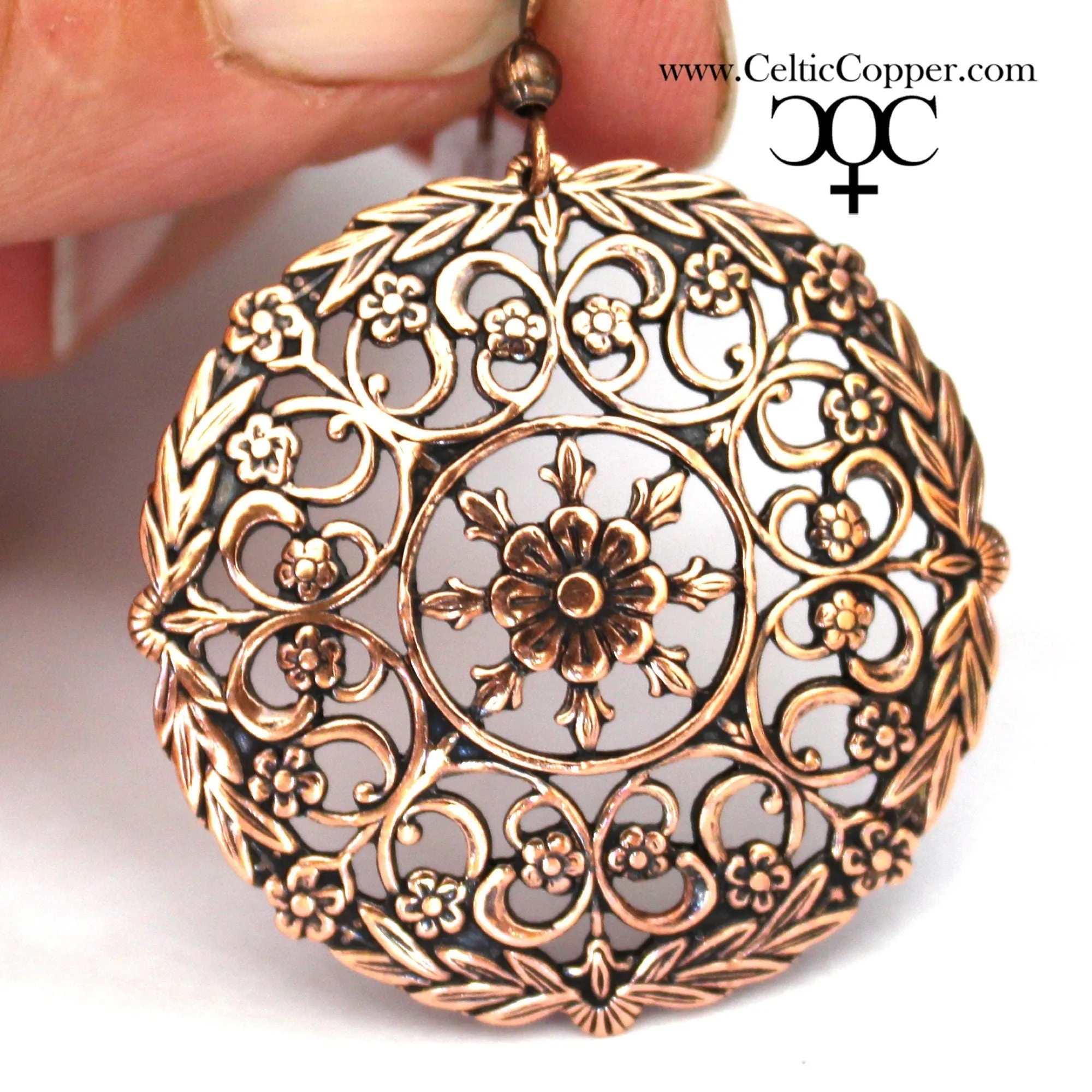 Round Copper Mandala Earrings Large 35mm Open Florentine Style Solid Copper Drop Earrings