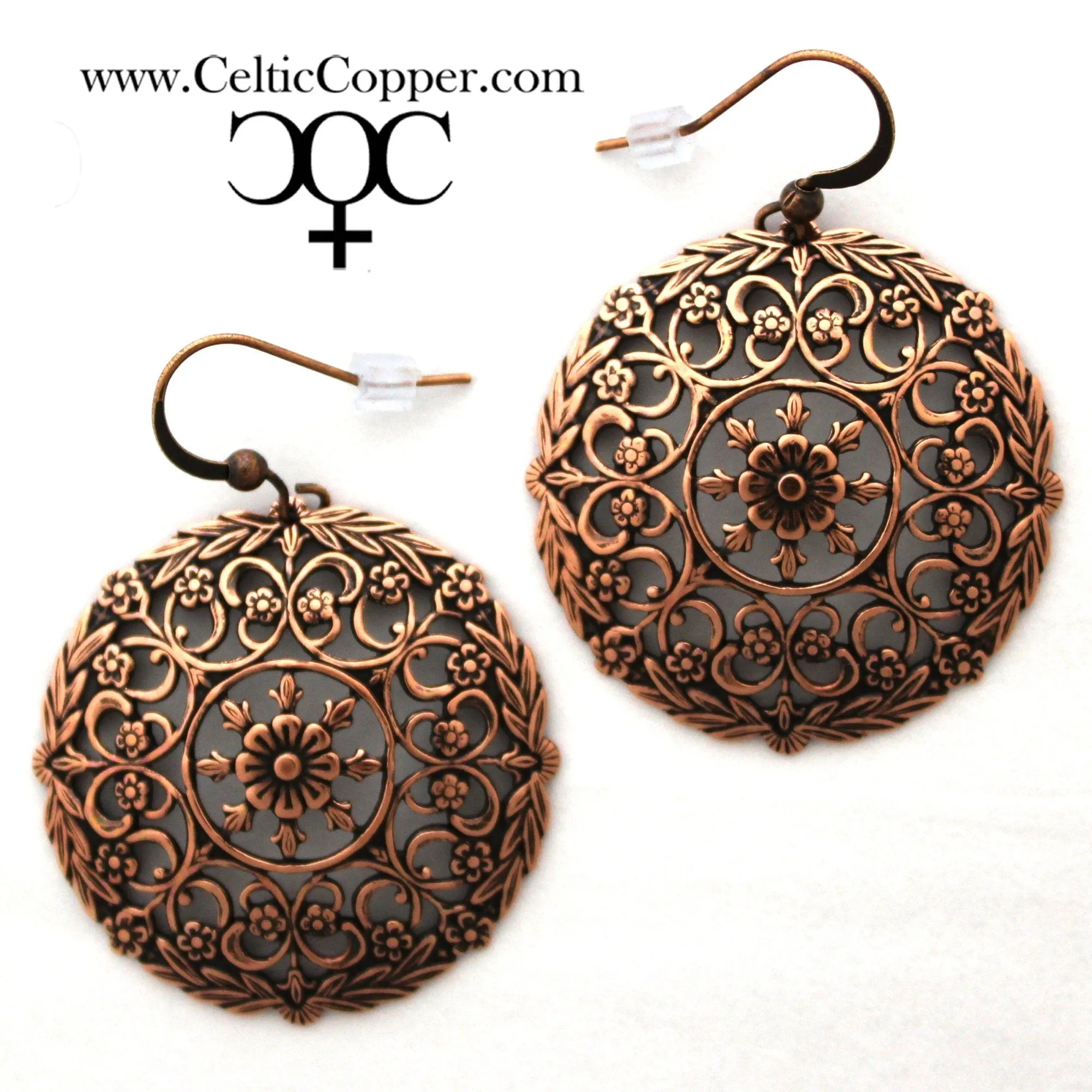 Round Copper Mandala Earrings Large 35mm Open Florentine Style Solid Copper Drop Earrings