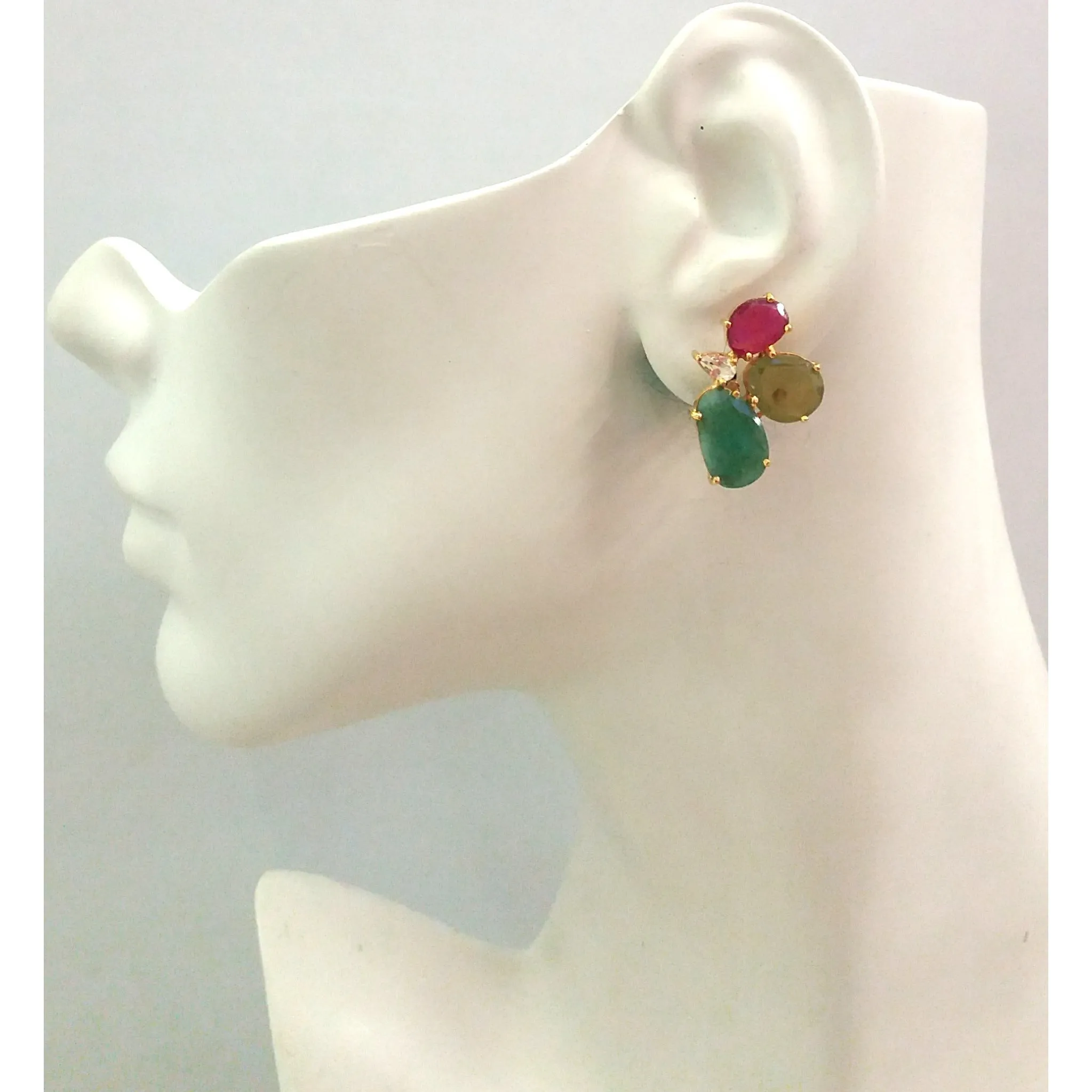 Ruby, White Topaz, Vesonite and Jade Stud with White and Citrine on Red Jasper Detachable Twinset Earrings