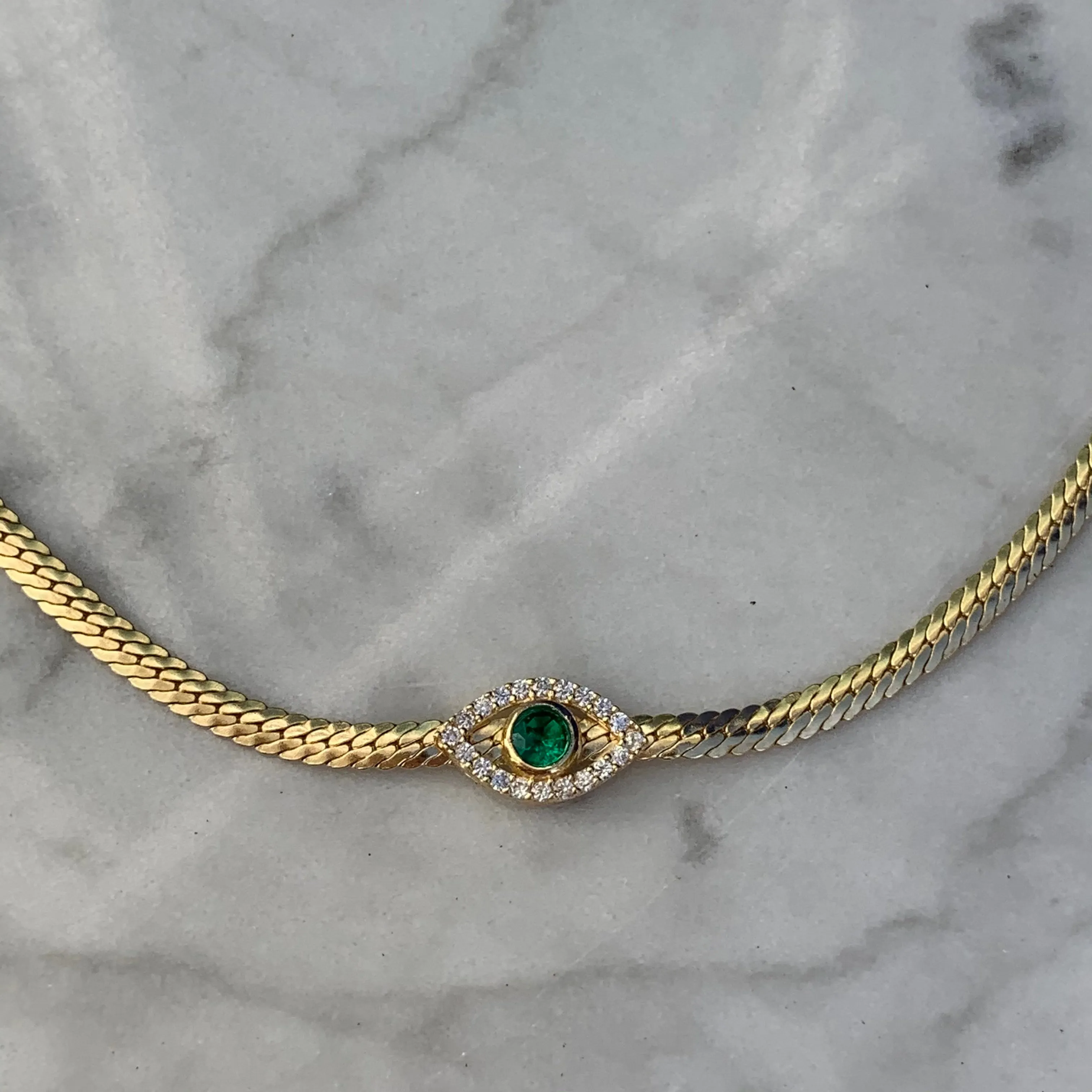 Silver gold plated herringbone green eye choker