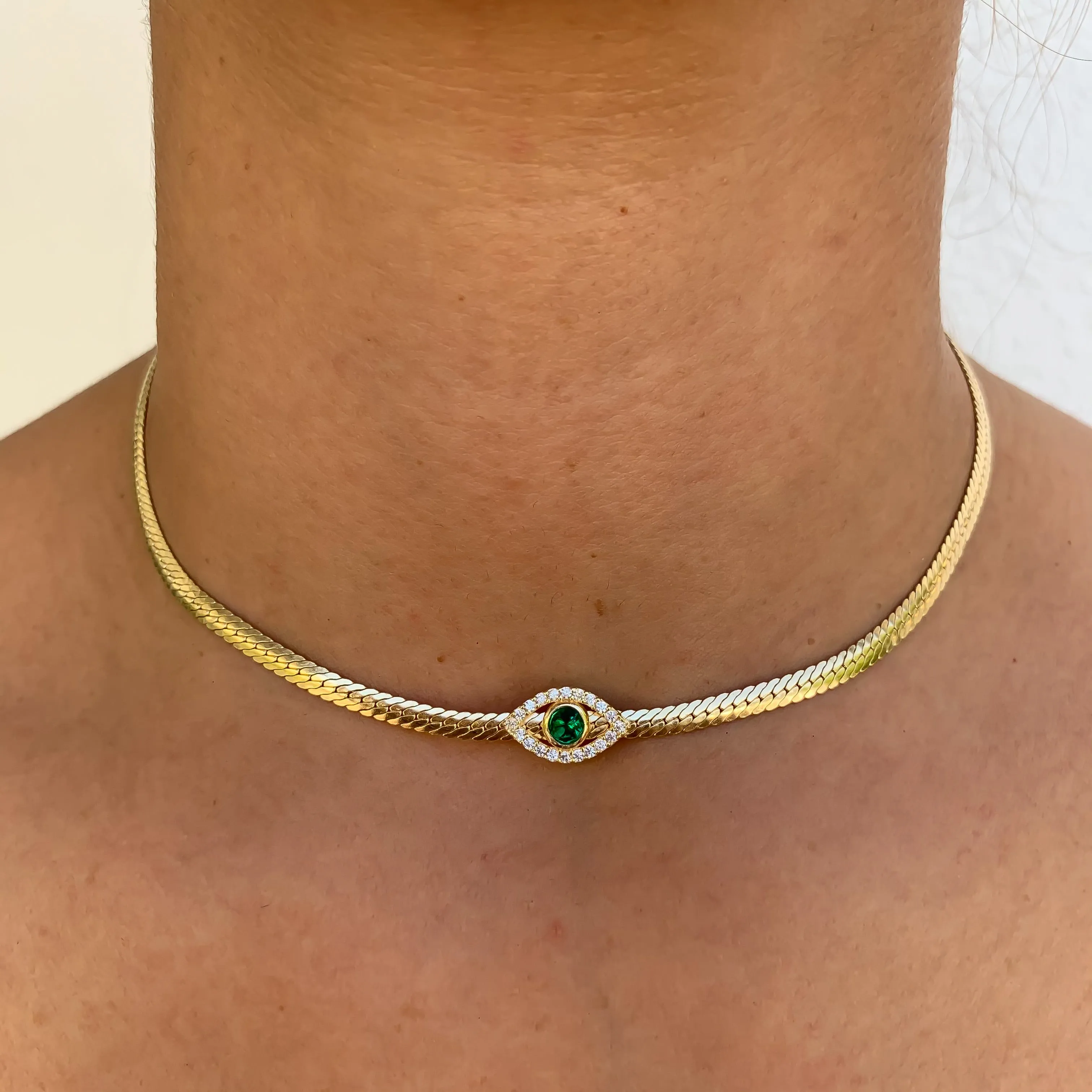 Silver gold plated herringbone green eye choker