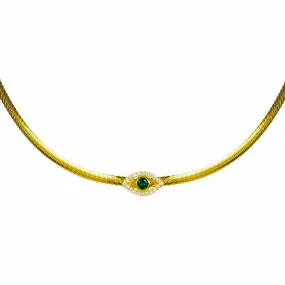 Silver gold plated herringbone green eye choker