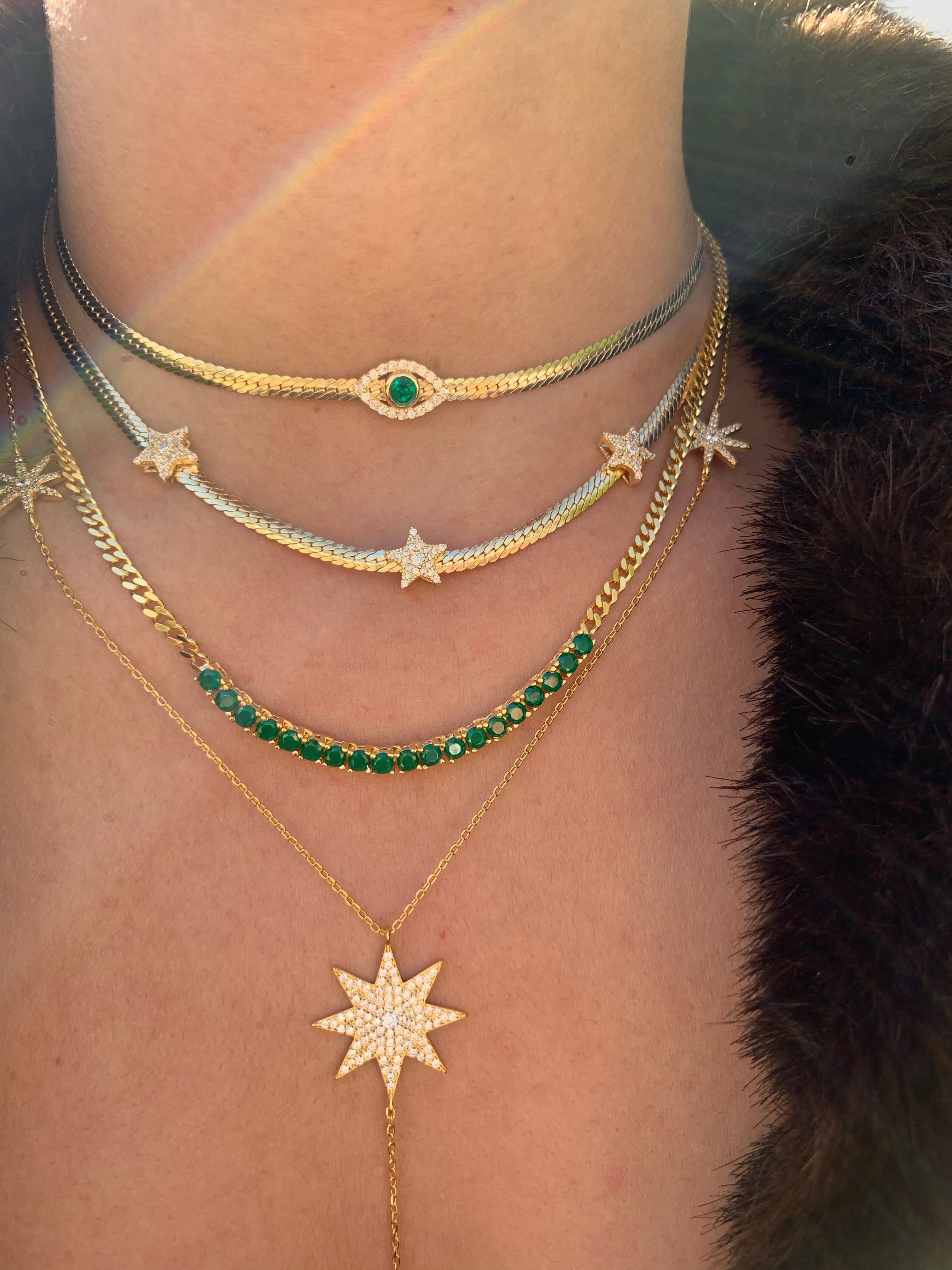 Silver gold plated herringbone green eye choker