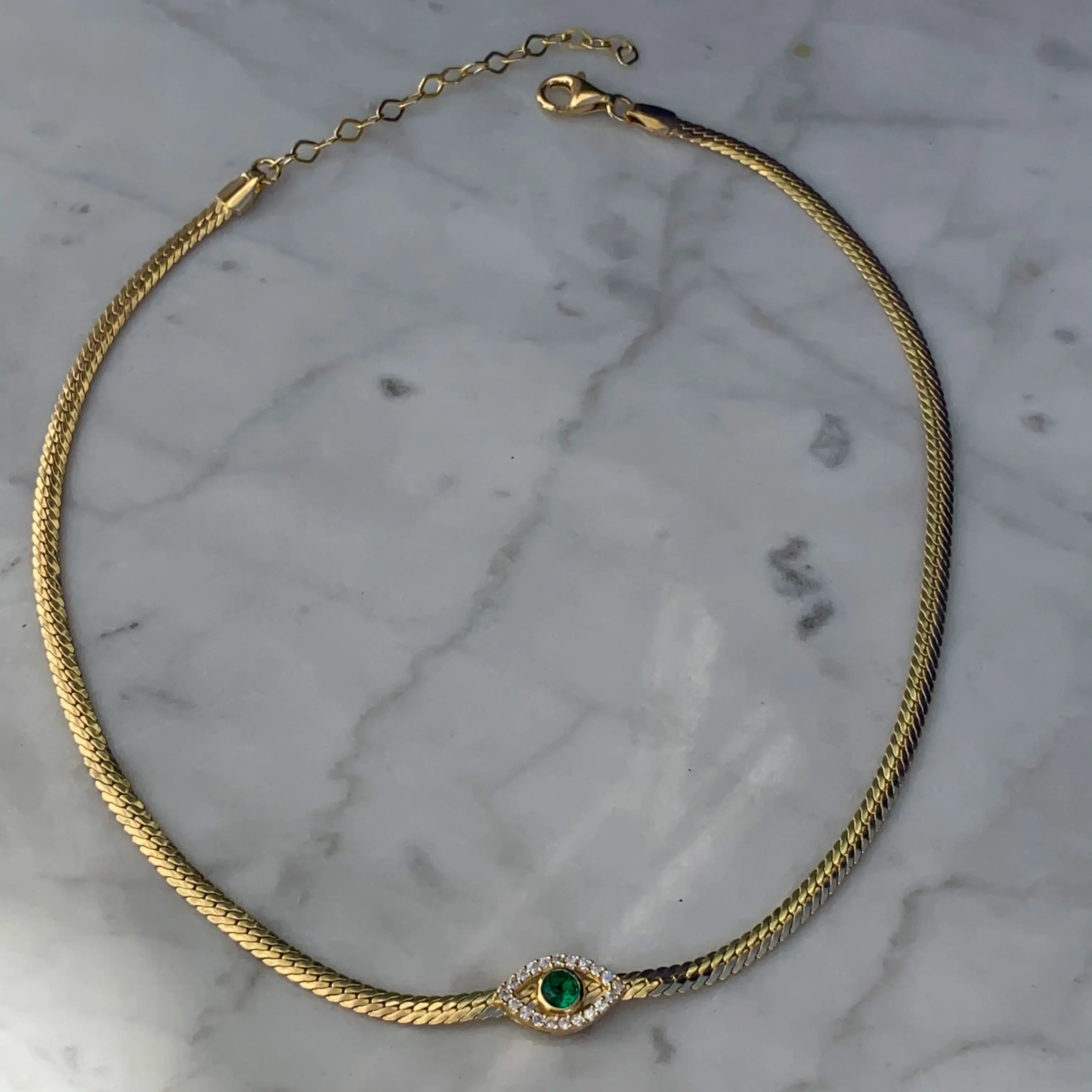 Silver gold plated herringbone green eye choker