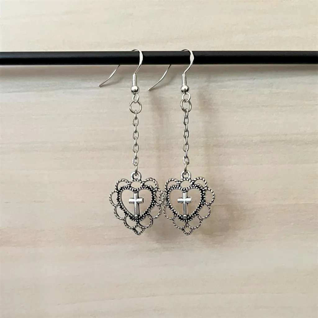 Silver Heart and Cross Long Dangle Earrings