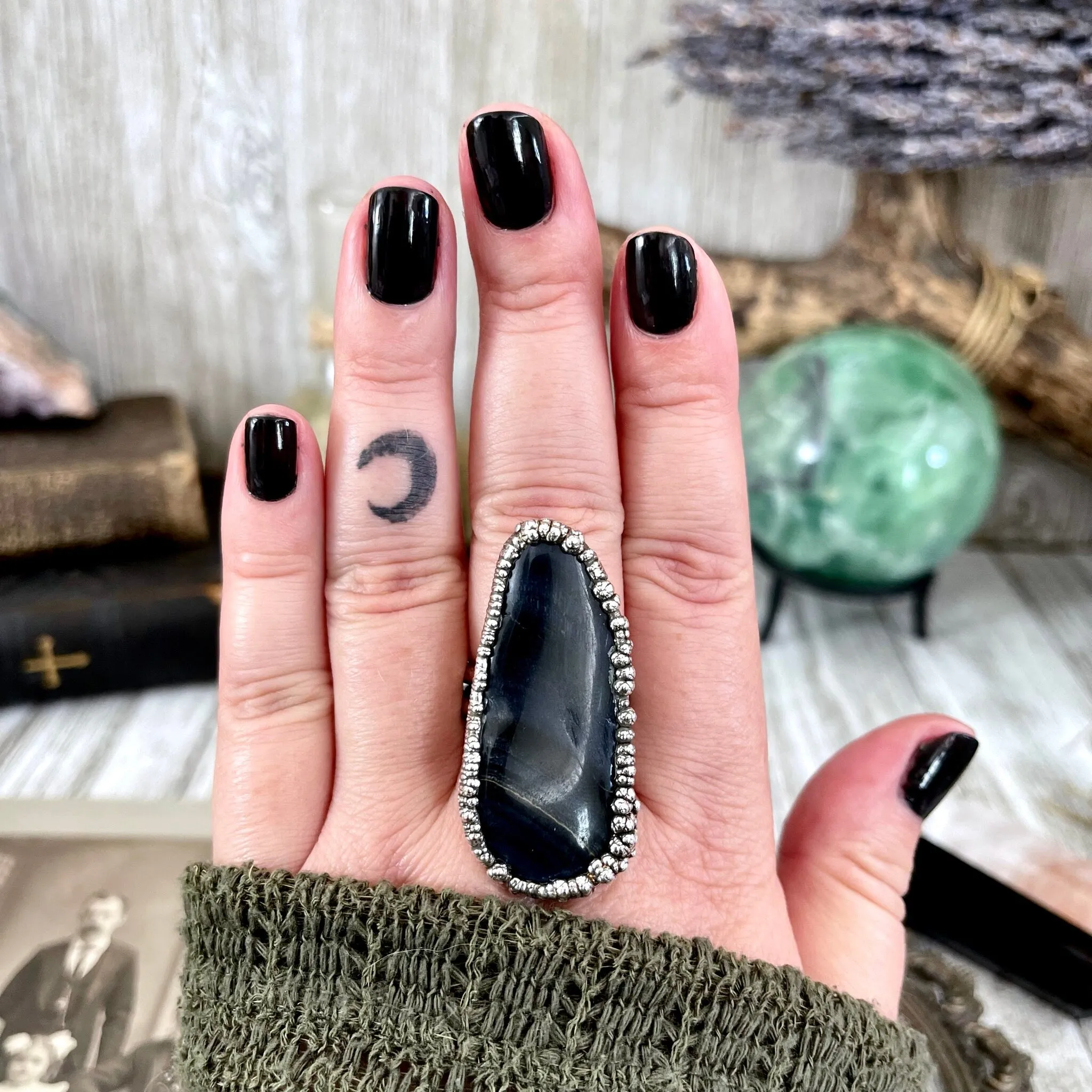 Size 10 Blue Tigers Eye Large Crystal Statement Ring in Fine Silver / Foxlark Collection - One of a Kind