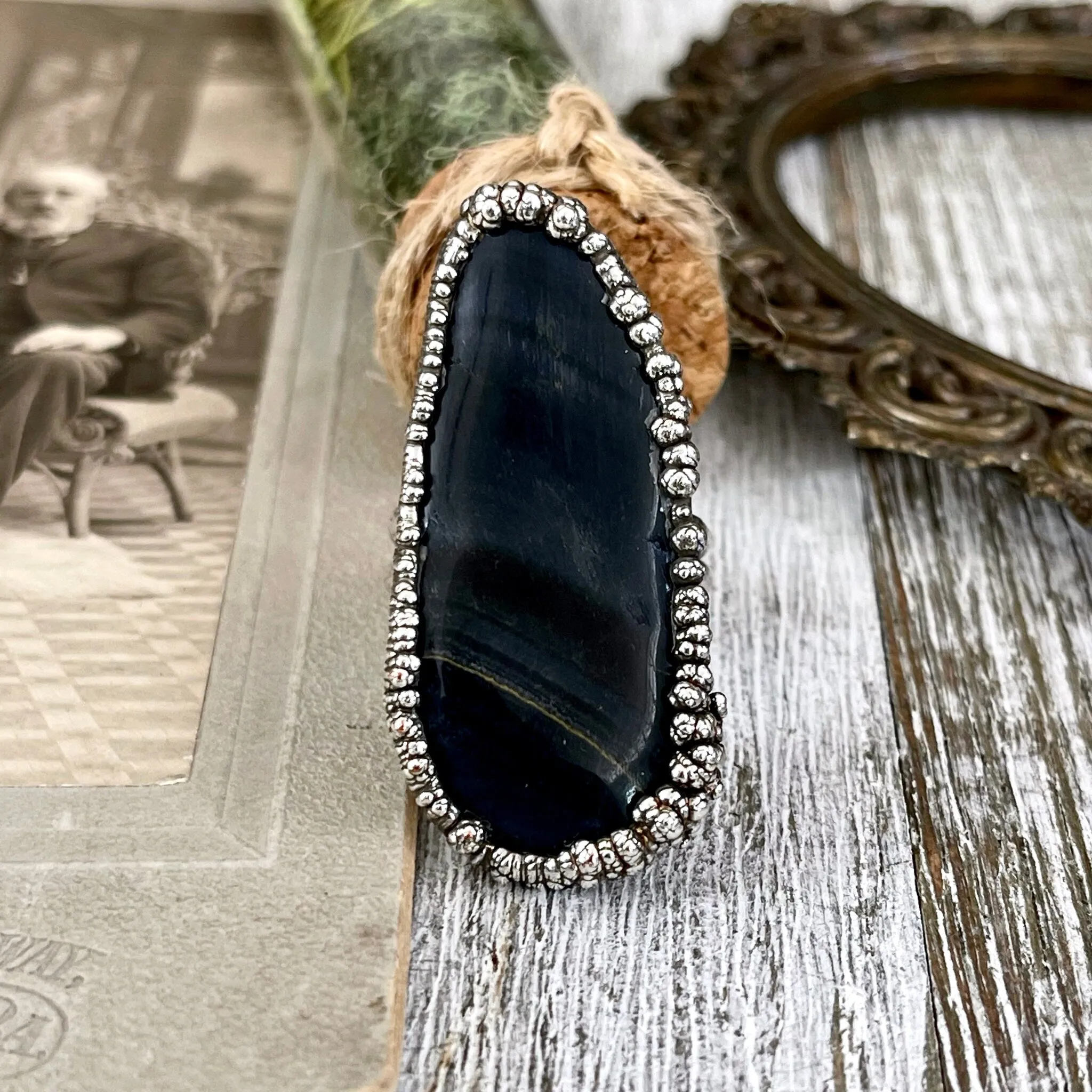 Size 10 Blue Tigers Eye Large Crystal Statement Ring in Fine Silver / Foxlark Collection - One of a Kind