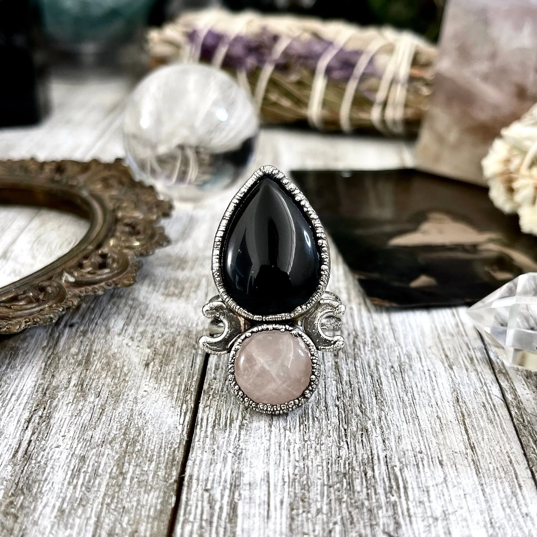 Size 10 Two Stone Ring- Black Onyx Rose Quartz Crystal Ring Fine Silver / Foxlark Collection - One of a Kind