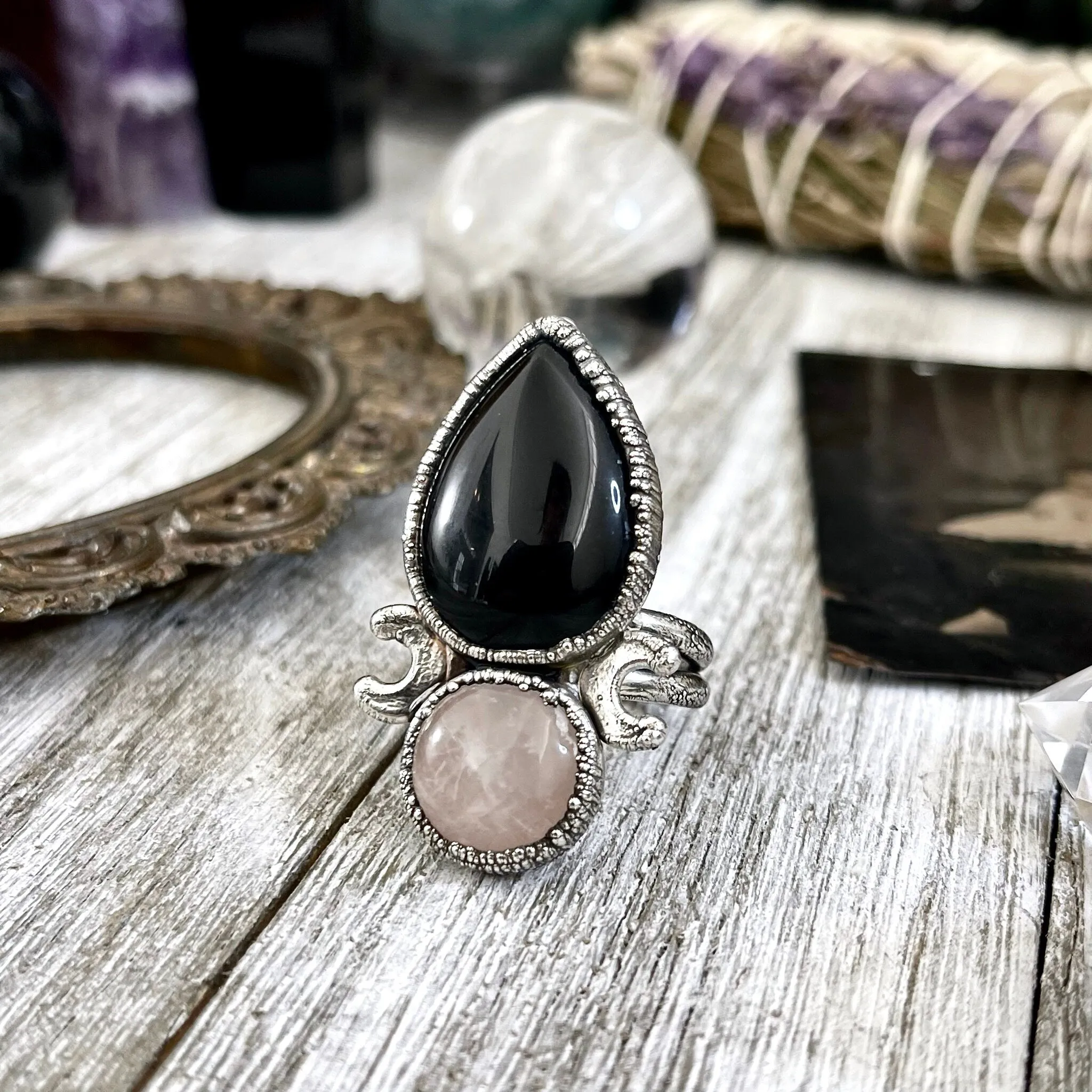 Size 10 Two Stone Ring- Black Onyx Rose Quartz Crystal Ring Fine Silver / Foxlark Collection - One of a Kind