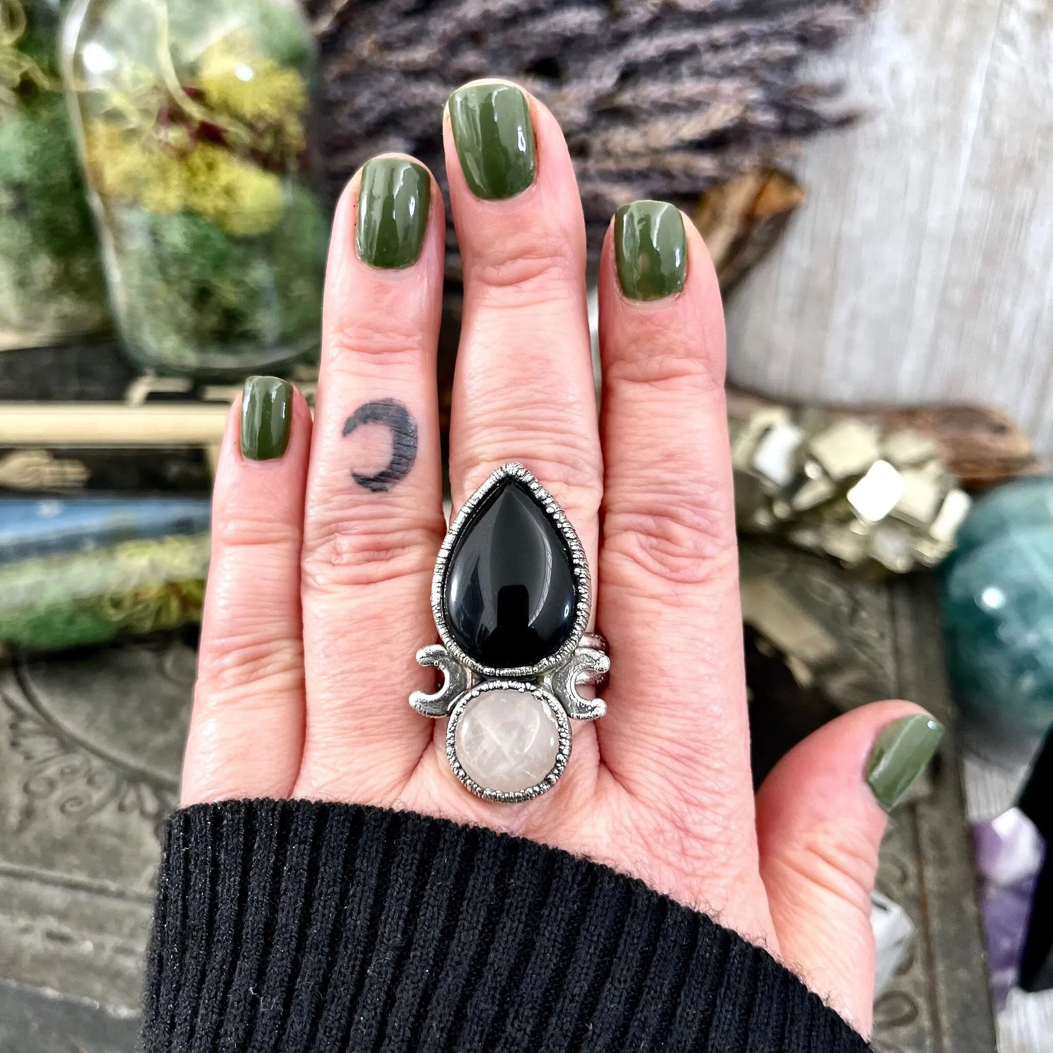 Size 10 Two Stone Ring- Black Onyx Rose Quartz Crystal Ring Fine Silver / Foxlark Collection - One of a Kind