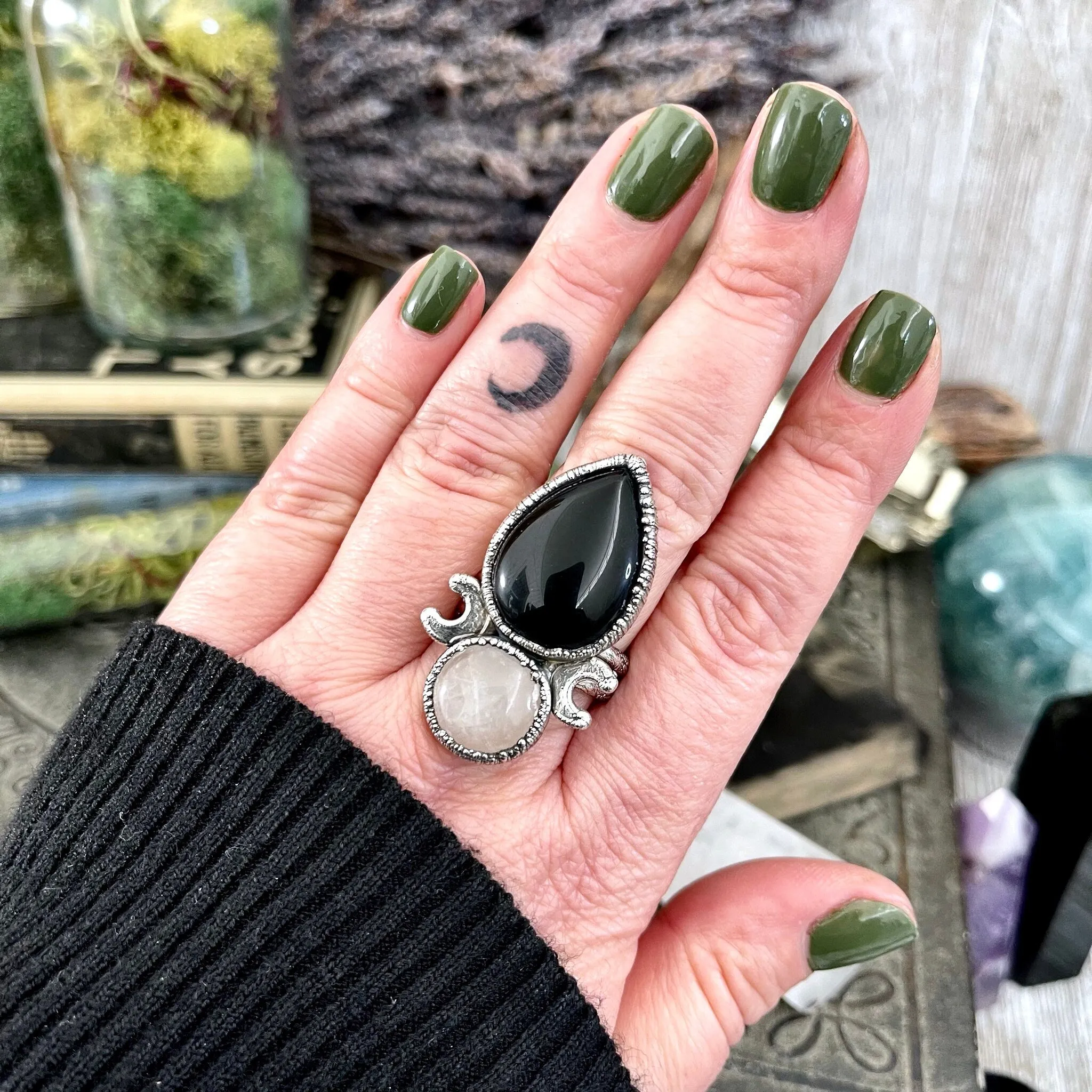 Size 10 Two Stone Ring- Black Onyx Rose Quartz Crystal Ring Fine Silver / Foxlark Collection - One of a Kind