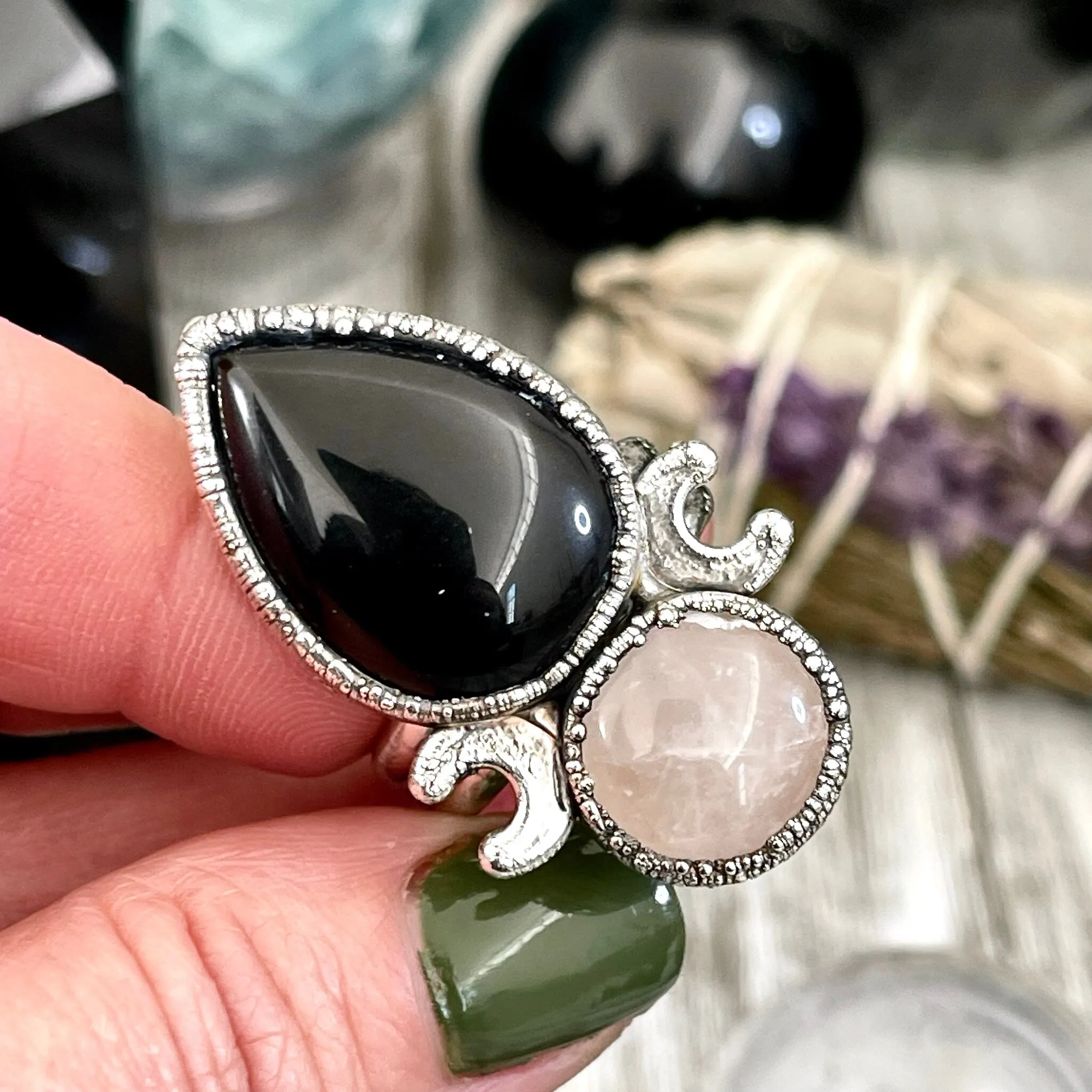 Size 10 Two Stone Ring- Black Onyx Rose Quartz Crystal Ring Fine Silver / Foxlark Collection - One of a Kind