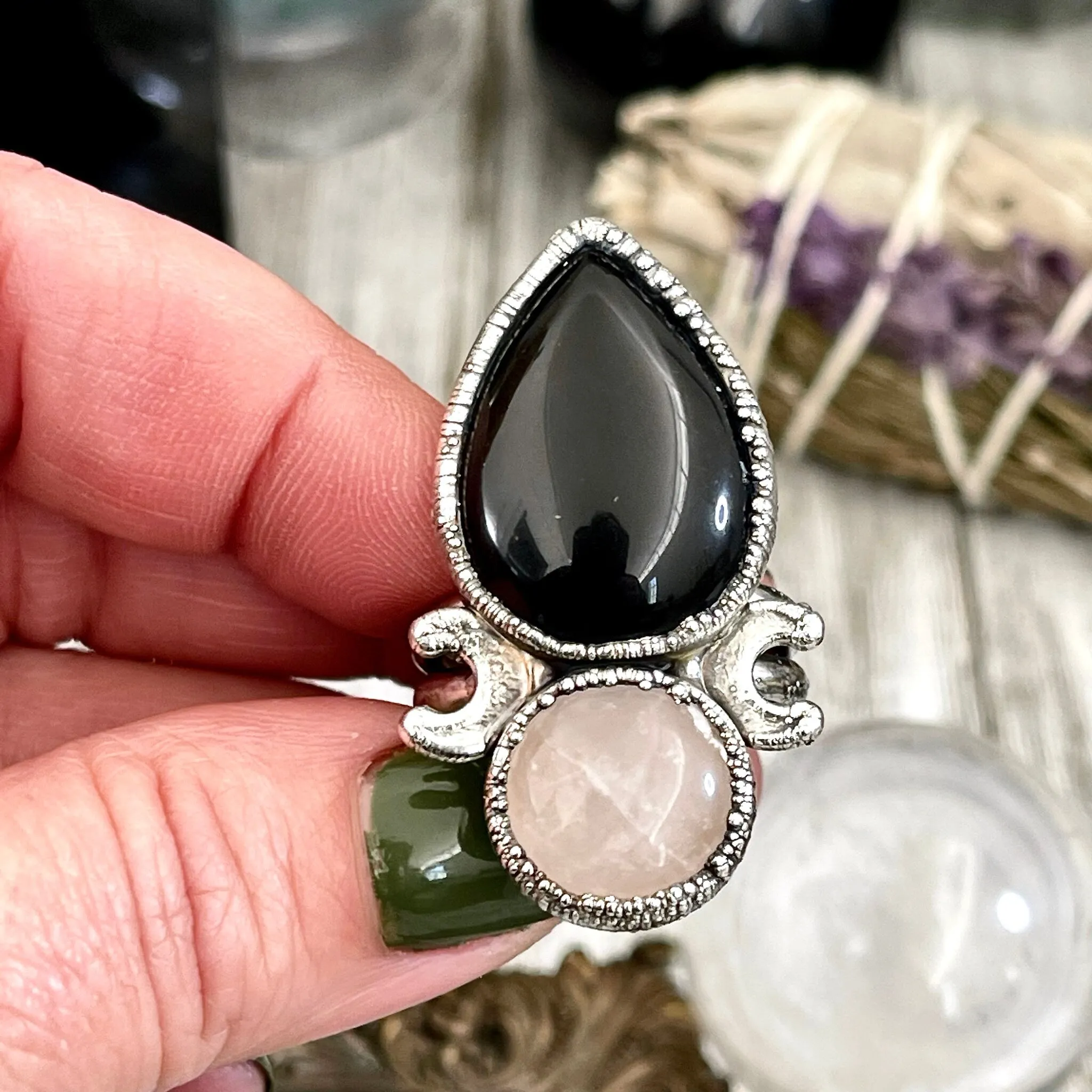 Size 10 Two Stone Ring- Black Onyx Rose Quartz Crystal Ring Fine Silver / Foxlark Collection - One of a Kind