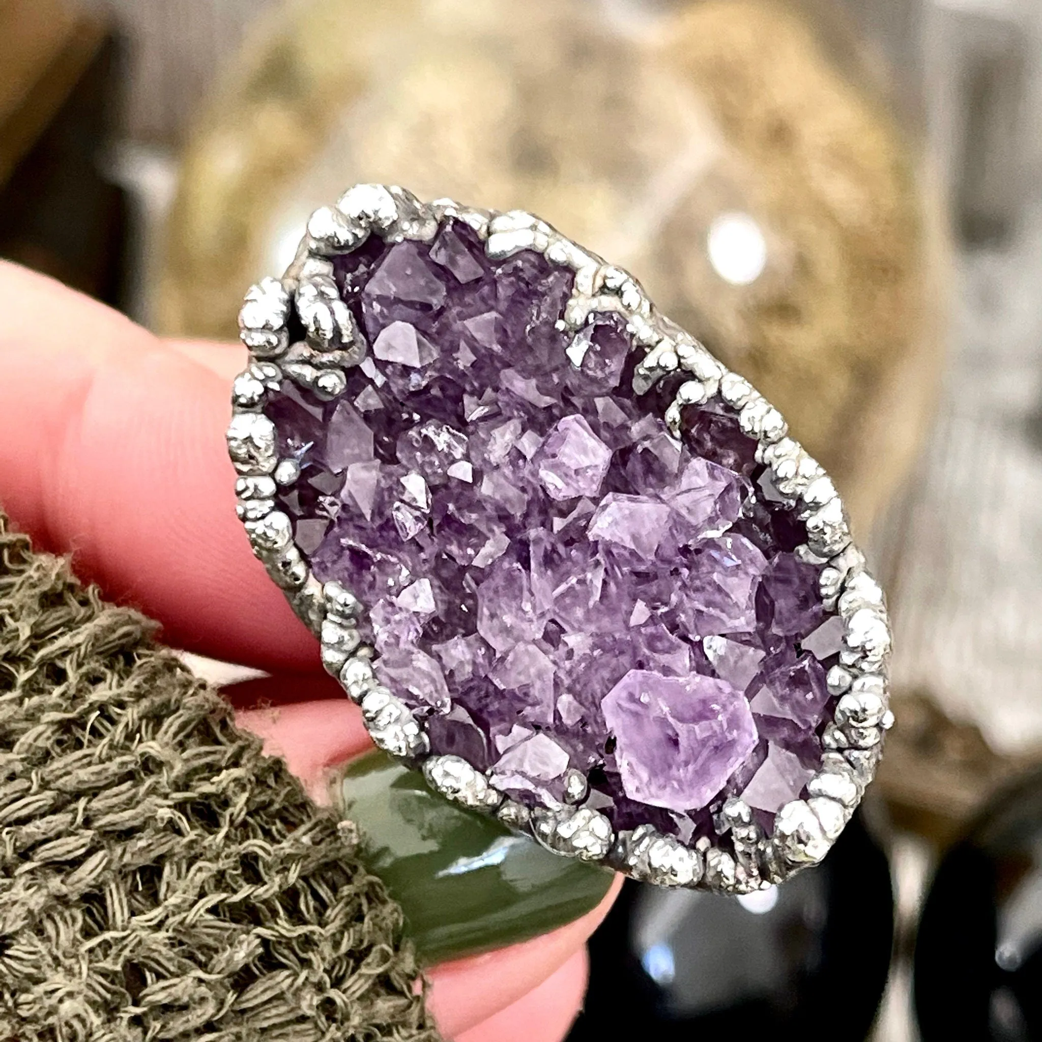 Size 7 Big Raw Amethyst Purple Crystal Ring in Fine Silver / Foxlark Collection - One of a Kind