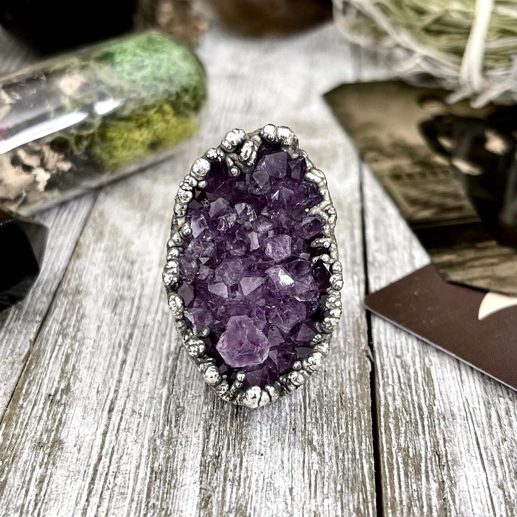 Size 7 Big Raw Amethyst Purple Crystal Ring in Fine Silver / Foxlark Collection - One of a Kind