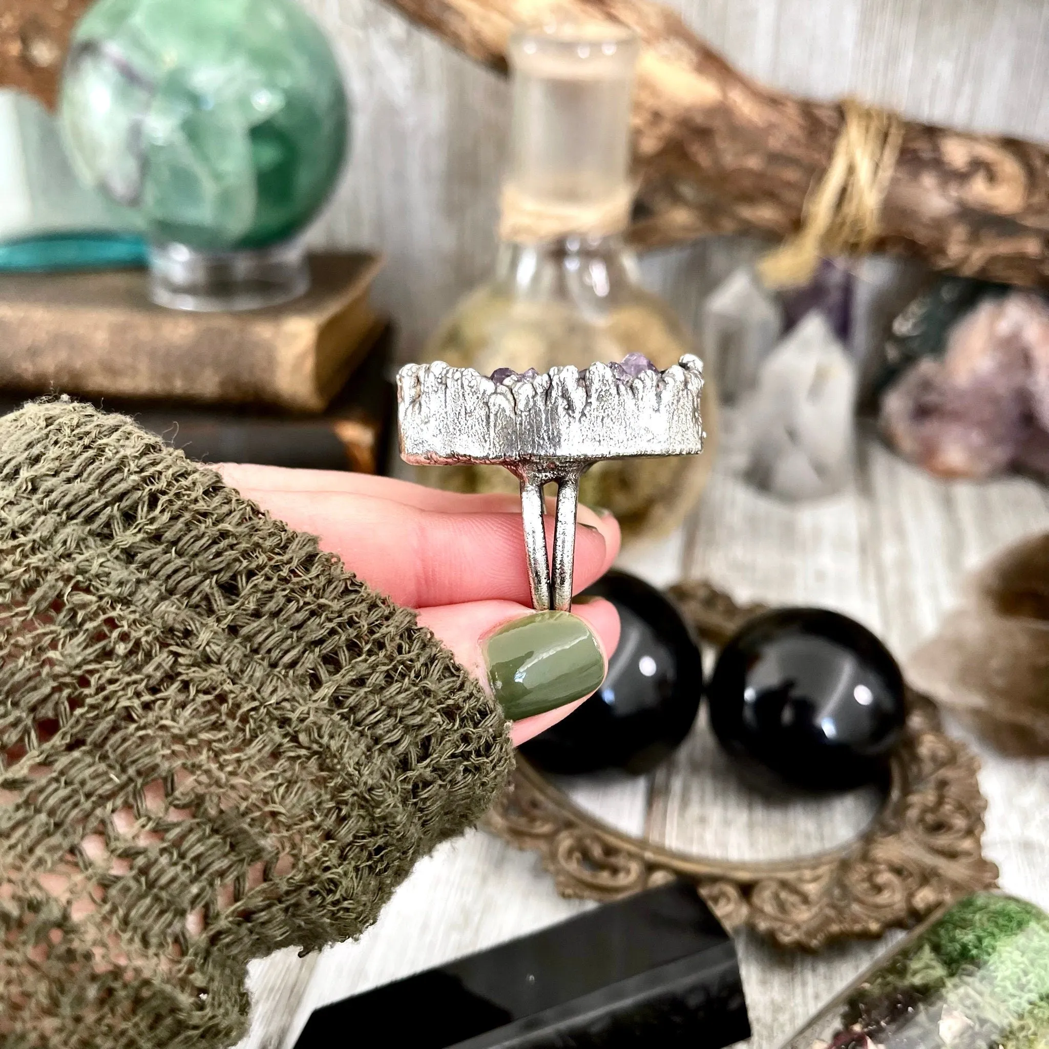 Size 7 Big Raw Amethyst Purple Crystal Ring in Fine Silver / Foxlark Collection - One of a Kind