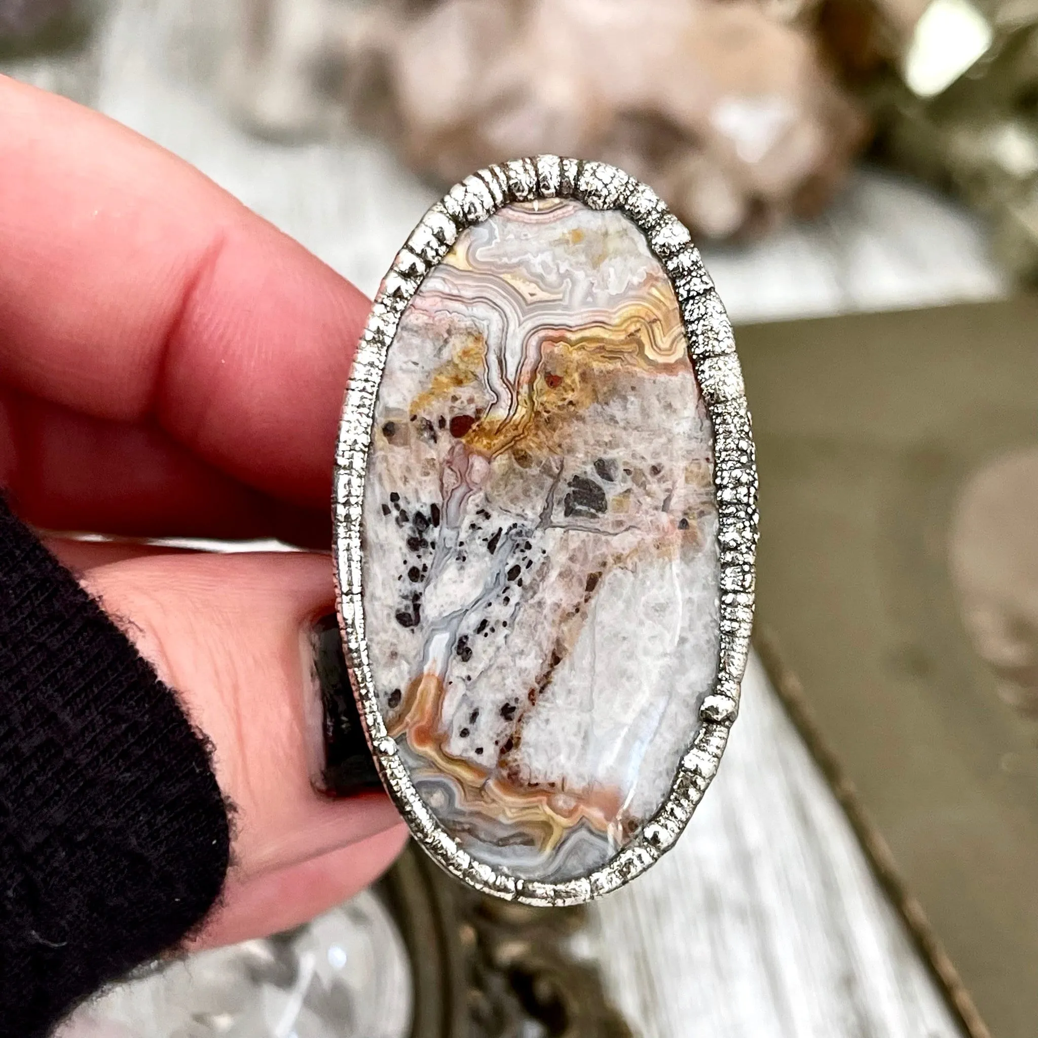 Size 7.5 Silver Natural Fancy Lace Agate Crystal Statement Ring / Foxlark Collection - One of a Kind