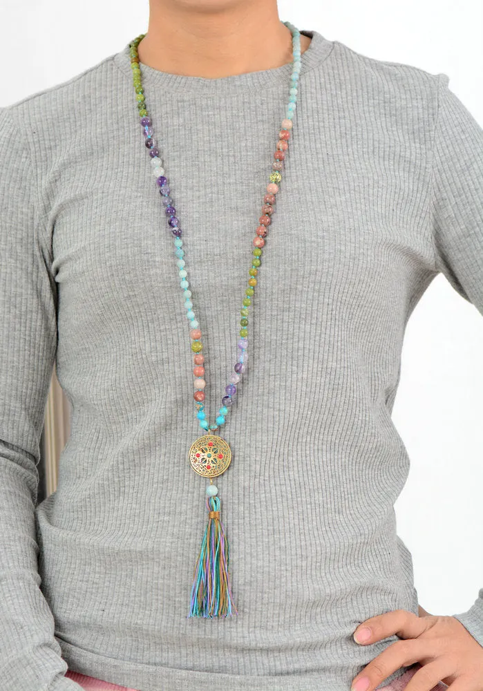 Spring Bloom Colorful Mala with Tibetan Center Bead Tassel Necklace