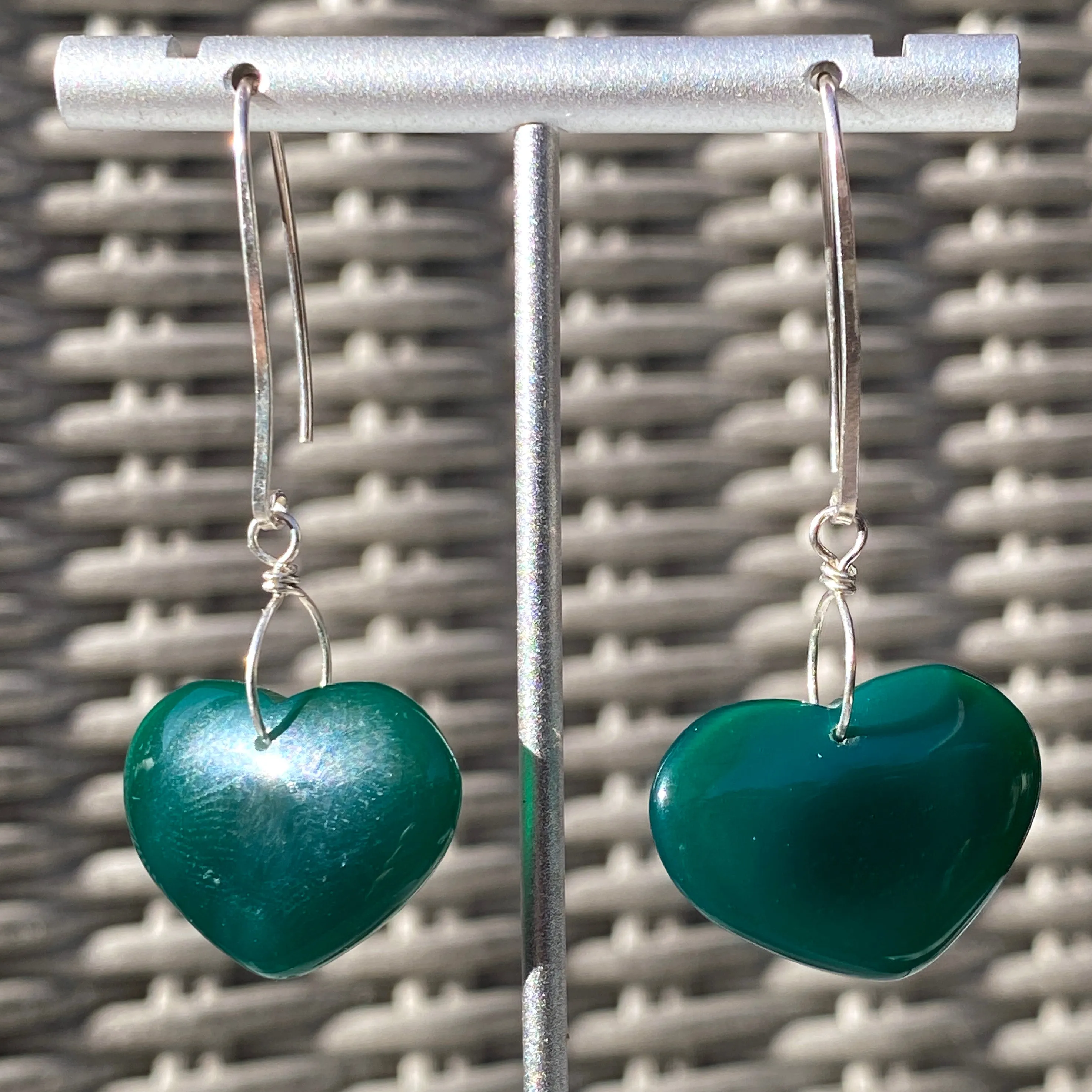 Sterling Silver and Green Agate gemstone Heart earrings