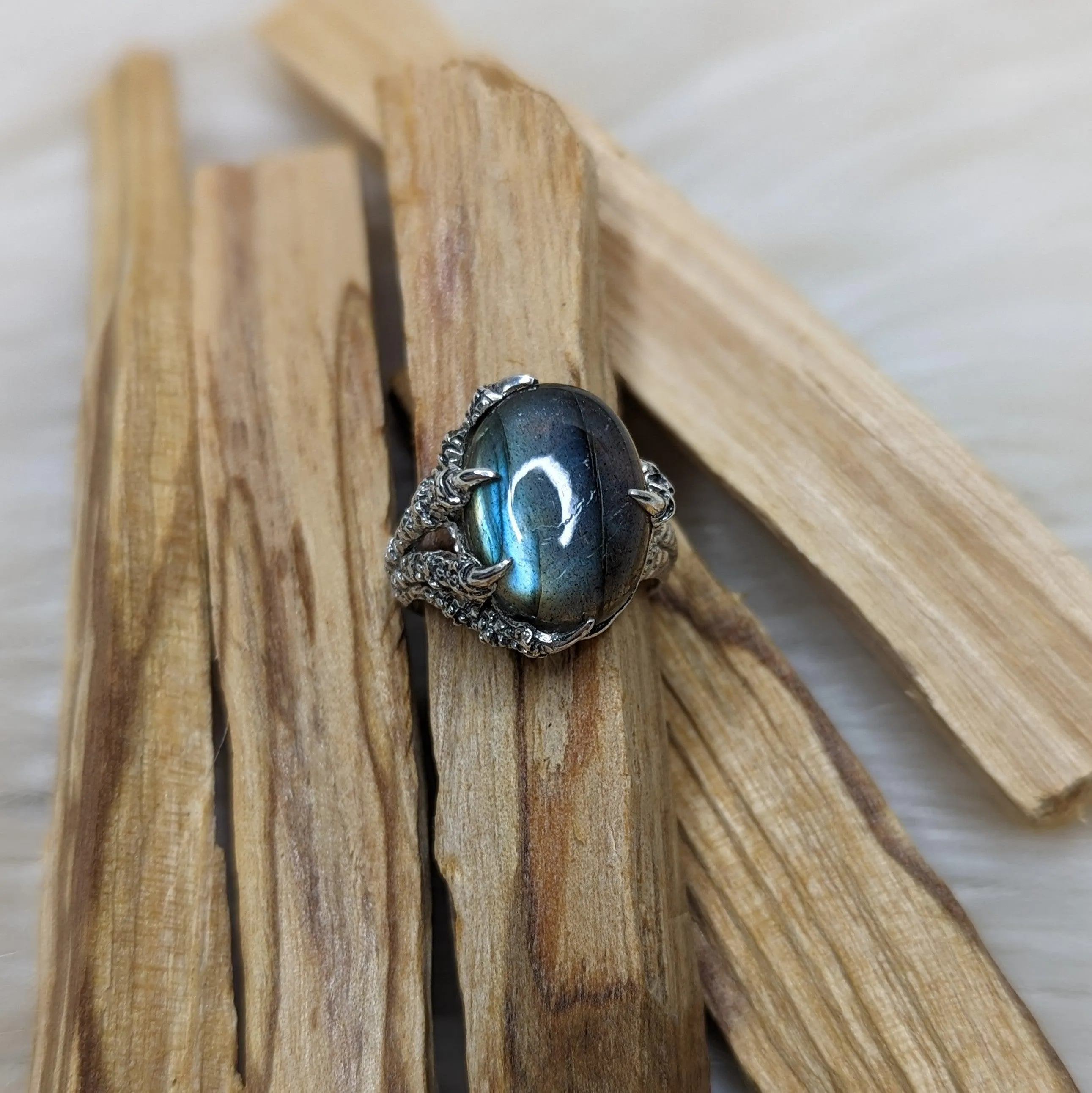 Sterling Silver Dragon Claw Ring Holding Labradorite Gemstone