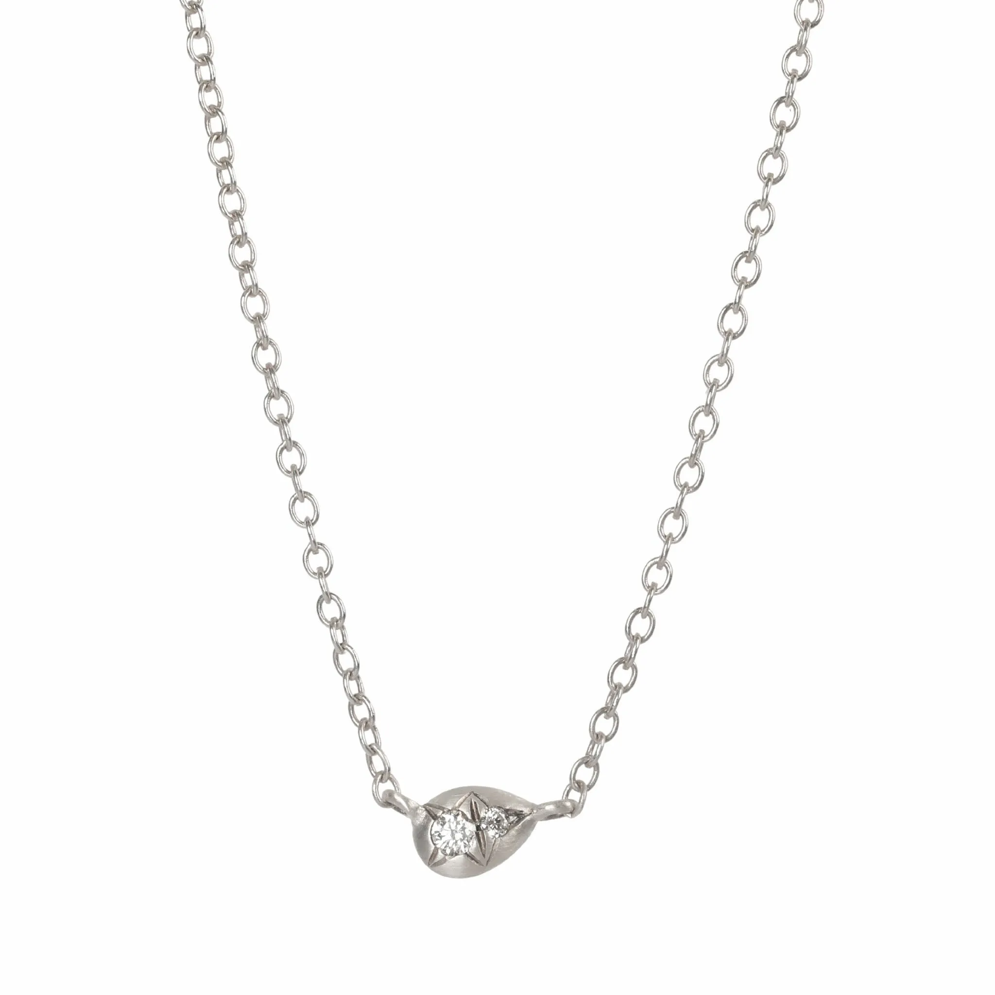 Sterling Silver Off-Set Pear-Shaped Disc Pendant Necklace with Two Star-Set Diamonds