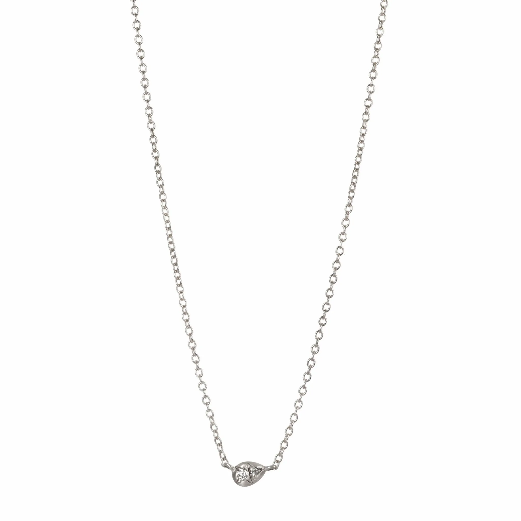 Sterling Silver Off-Set Pear-Shaped Disc Pendant Necklace with Two Star-Set Diamonds