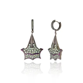 Sterling Silver Statement Earrings with Dark Wine Glitter Enamel and Green Sapphire