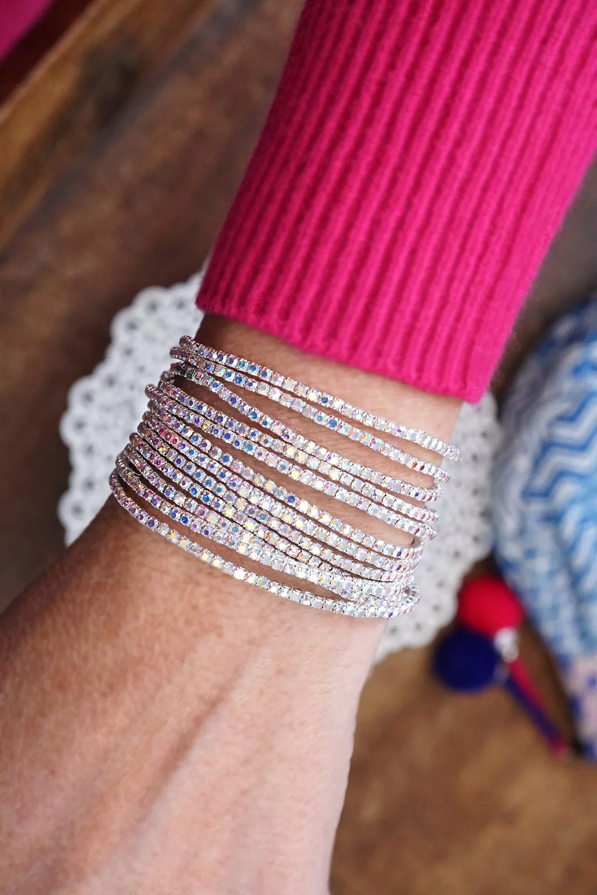 Stretchy Bracelets Stack with Iridescent Rhinestones