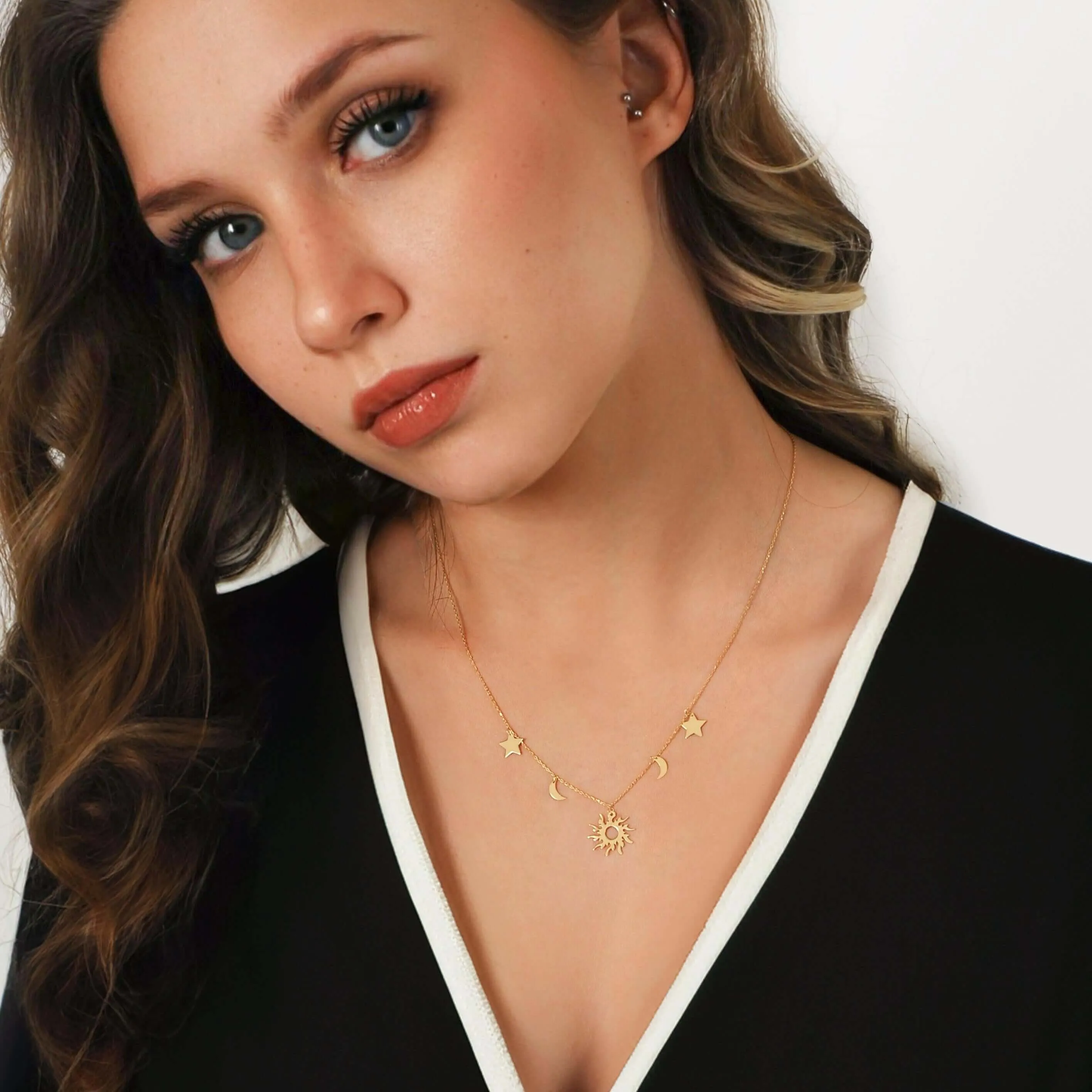 Sun Moon and Stars Necklace | 14K Solid Gold