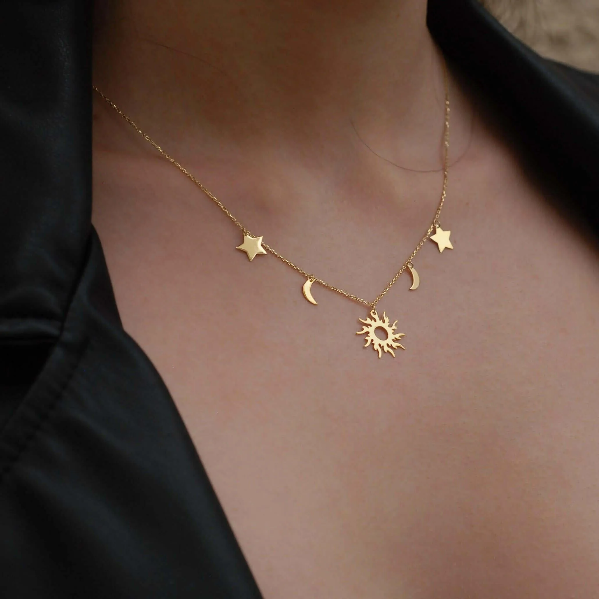 Sun Moon and Stars Necklace | 14K Solid Gold