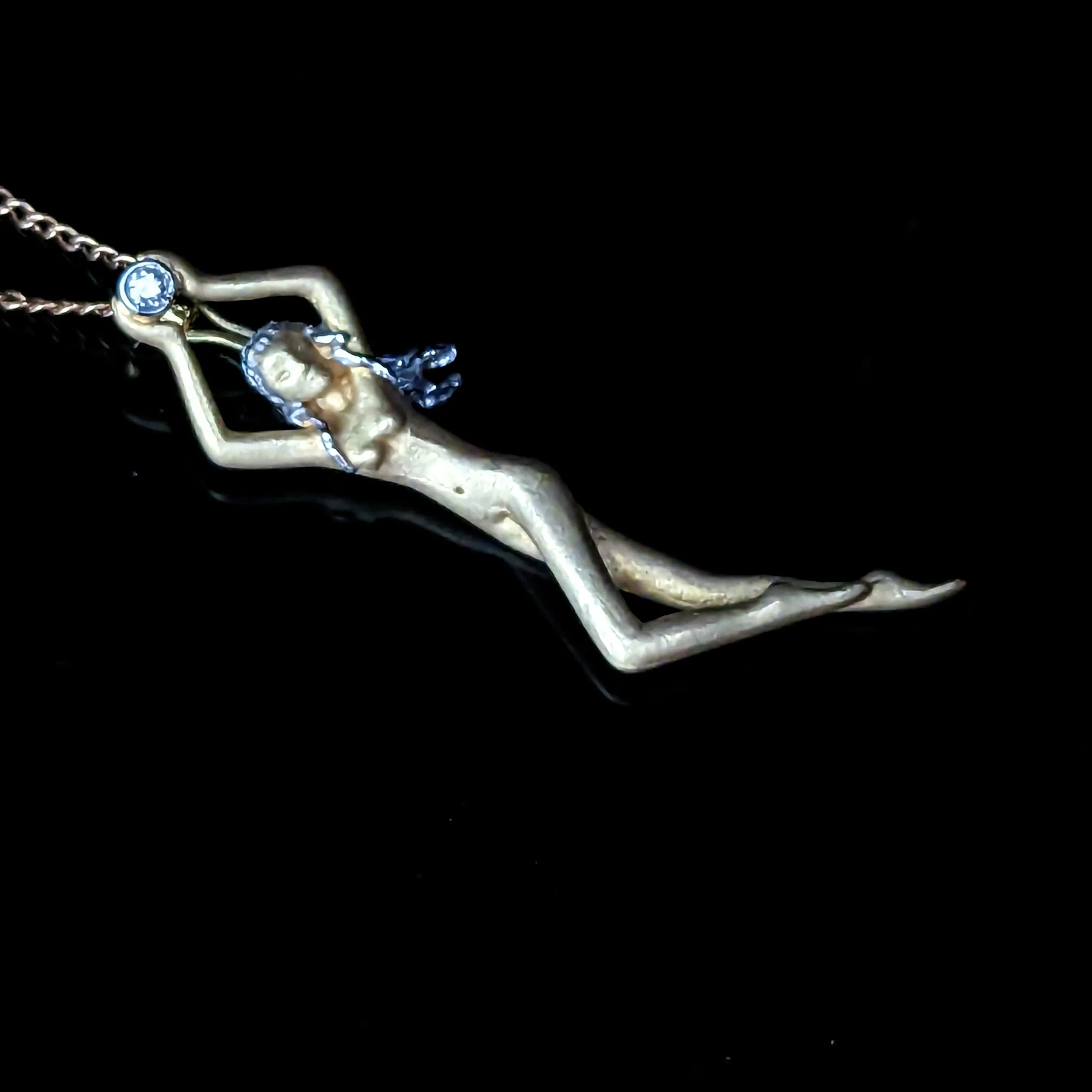 The Rosemont - 1970s Diamond 18k Gold Female Form Pendant with Chain