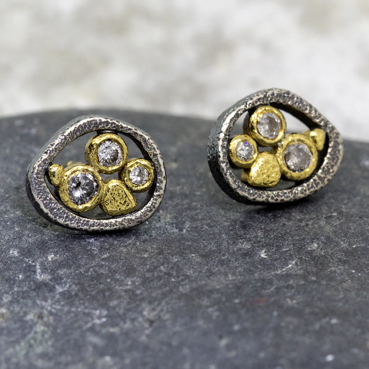 Tossed Pebbles Stud Earrings with Salt & Pepper Diamonds