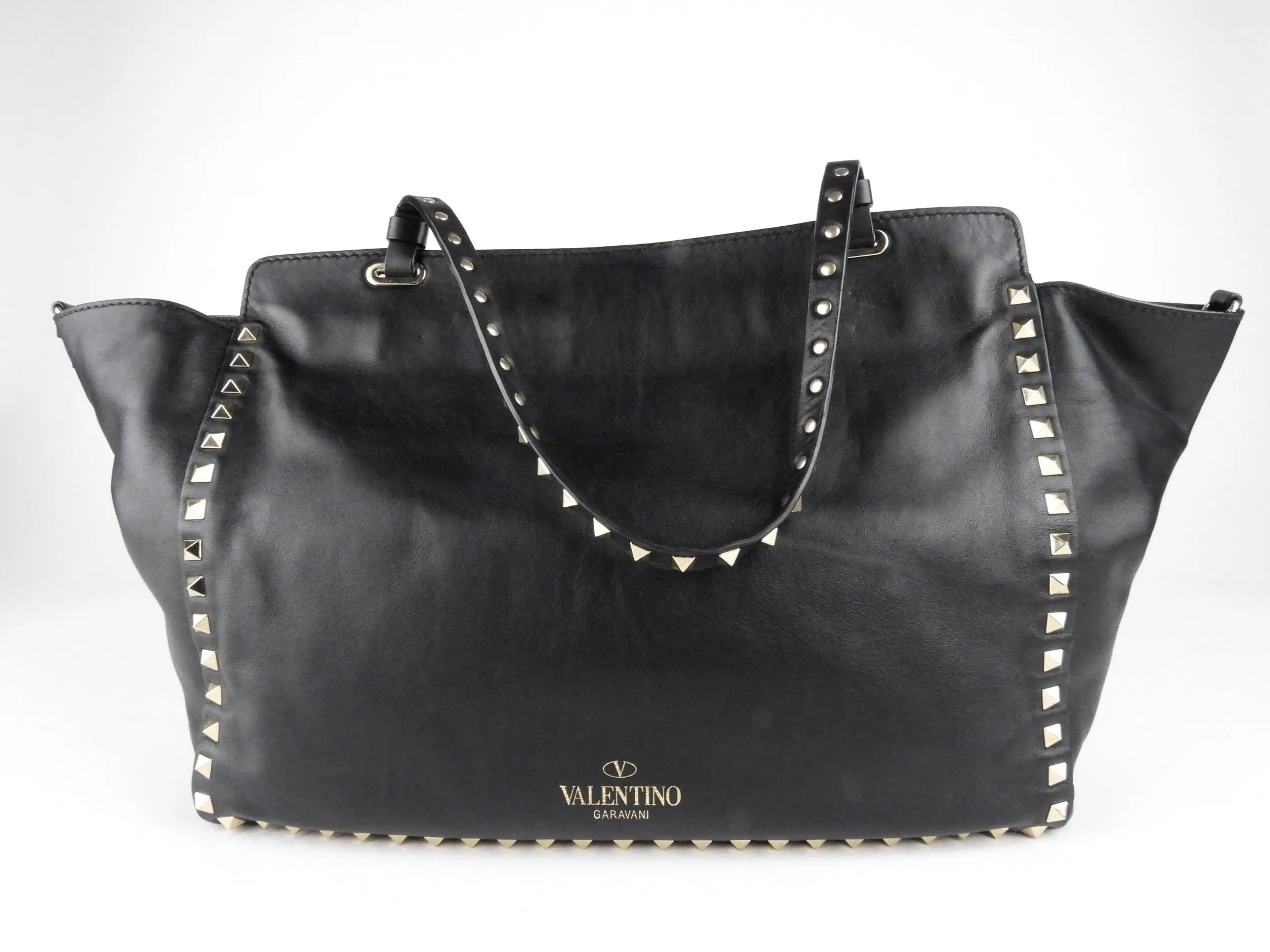 Valentino Garavani Black Leather Rockstud Medium Trapeze Tote Bag