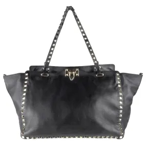 Valentino Garavani Black Leather Rockstud Medium Trapeze Tote Bag