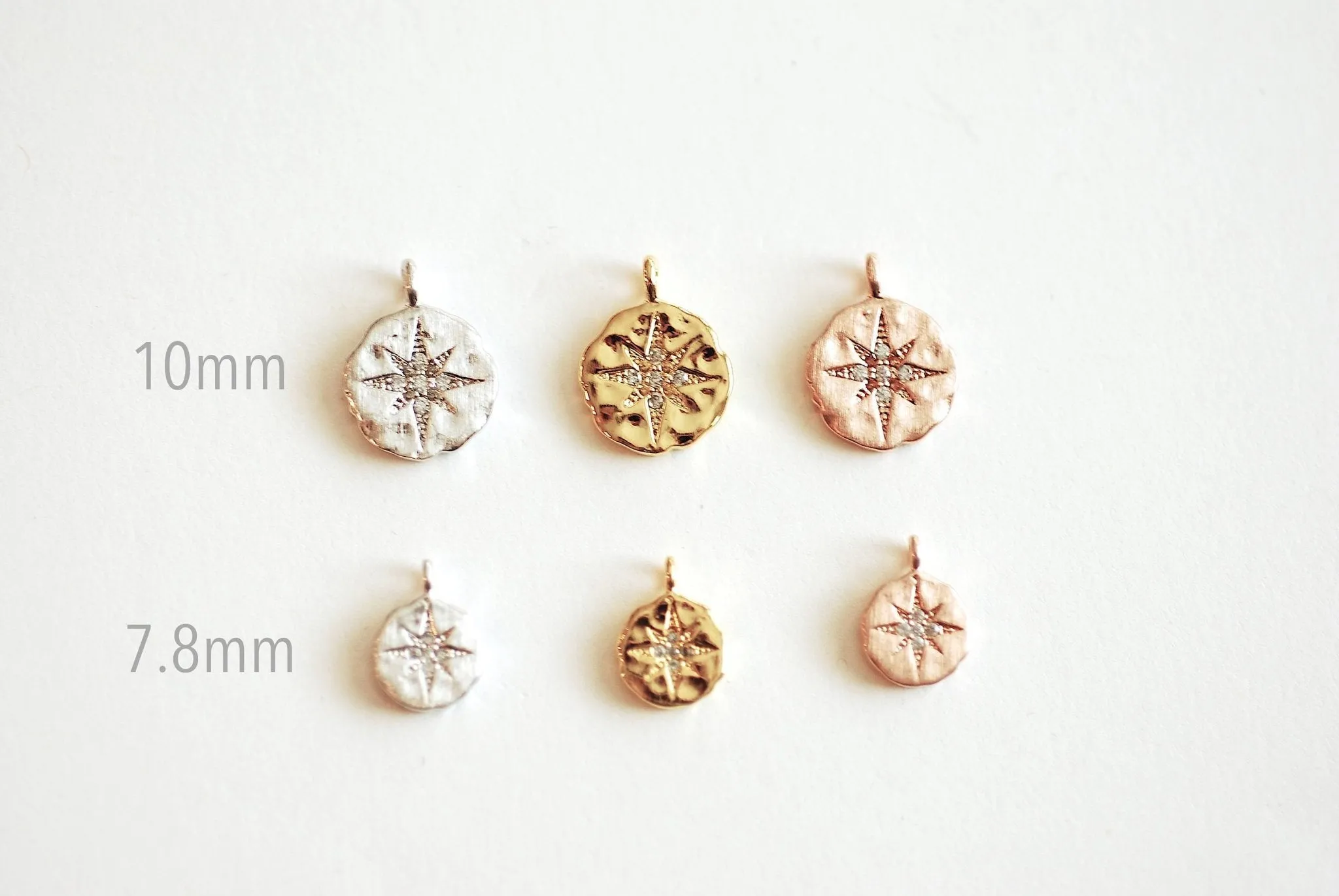 Wholesale STARBURST Disc Pendant- Vermeil Gold plated 925 Sterling Silver, Rose Gold, CZ North Star Charm, Textured Disc, Polaris Pendant, CZ Pave